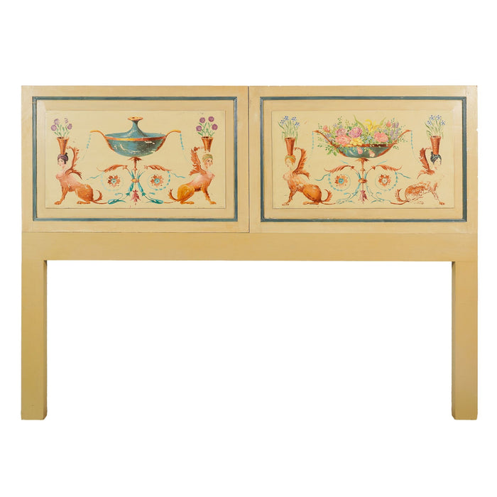King sized headboard featuring a pair of Danish painted panels in the Pompeiian taste (c. 1890)