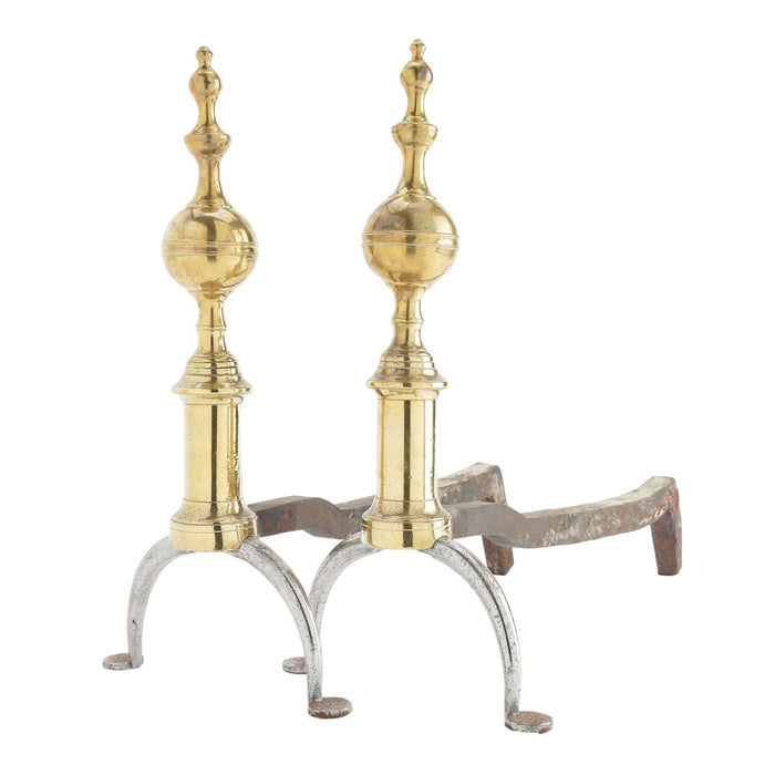 Pair of American cast brass and forged iron steeple top andirons (c. 1812-15)