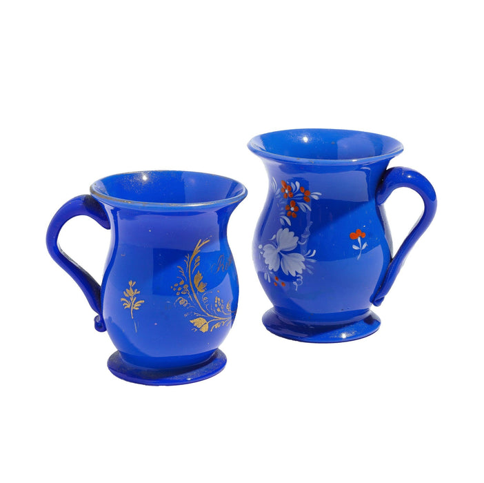 Pair of English miniature blue opaline blown glass mugs (c. 1830)