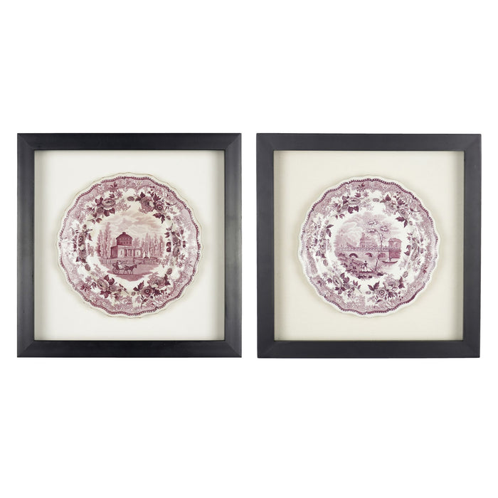 Pair of framed English mulberry transfer tea plates with two views of Philadelphia (c. 1835)