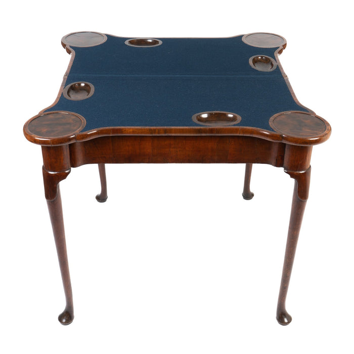 Queen Anne walnut flip top concertina game table (c. 1720)