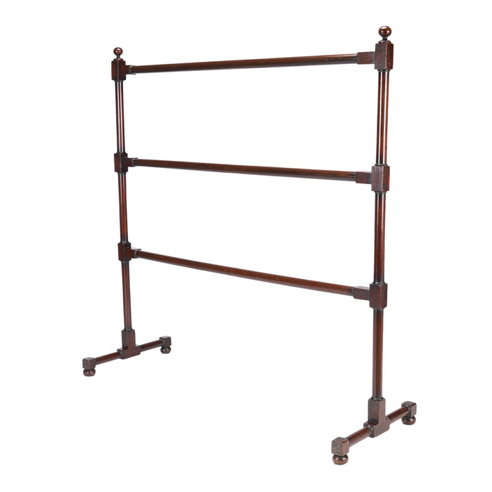 English oversized turned mahogany blanket rail with trestle base (c. 1800)
