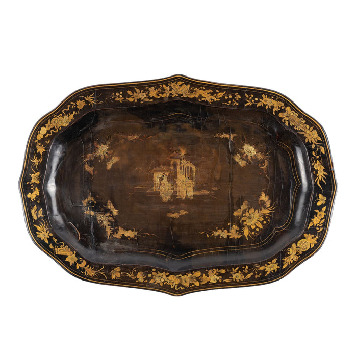 Chinese shaped black lacquer tray with gilt decoration (c. 1825)