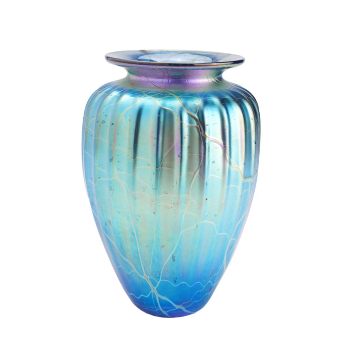 Iridescent blue blown glass vase by Mayauel Ward (2015)