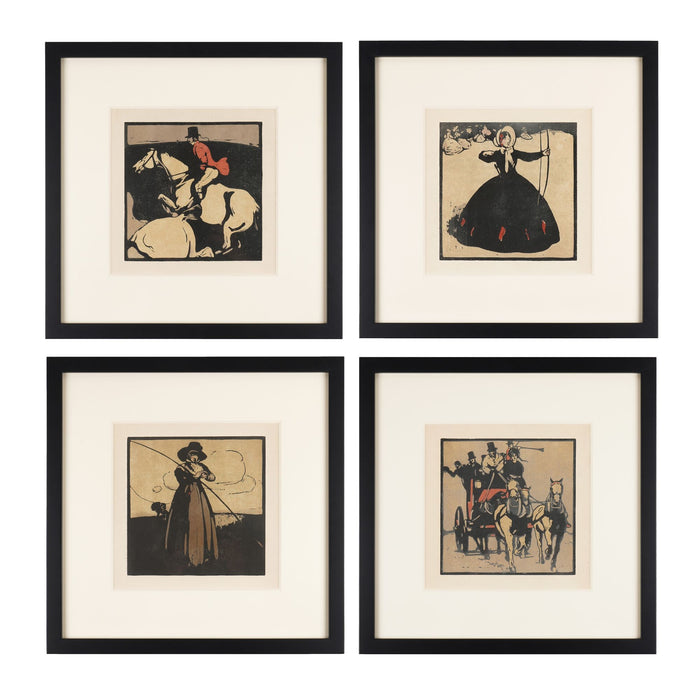 Four woodblock prints from “An Almanac of Twelve Sports” by William Nicholson (1898)