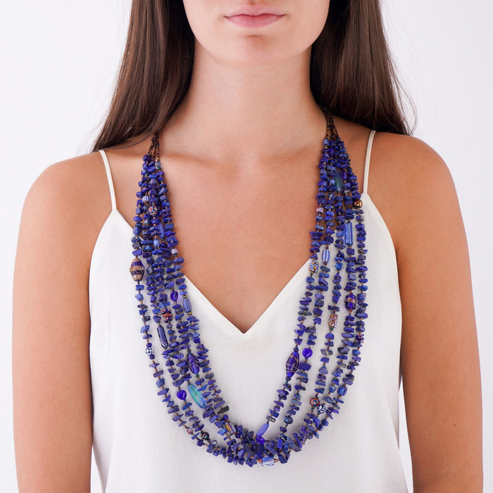 Five strand necklace of polished lapis with glass and ceramic beads (c. 1960)