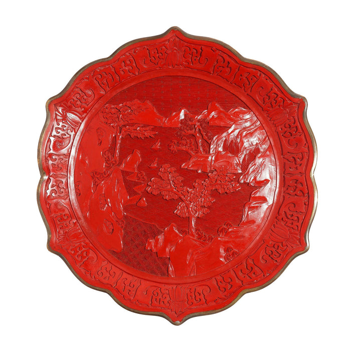 Chinese hand carved cinnabar plate on brass (c. 1850)