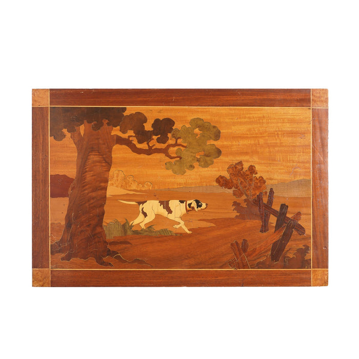 Wood marquetry panel of a landscape with hunting dog, c. 1935