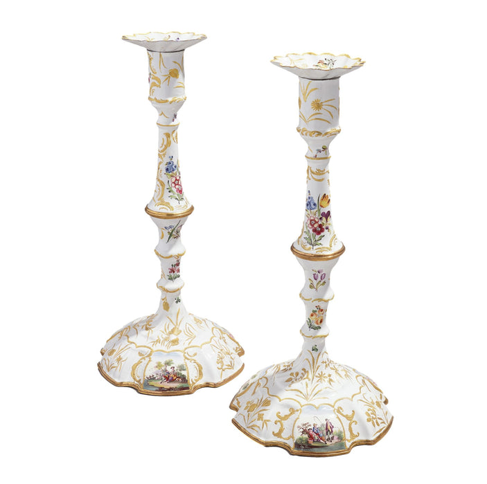 Pair of English Rococo Battersea candlesticks (1760-65)