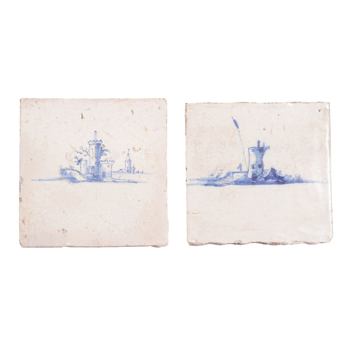 Pair of Delft tiles of fortified towers in cobalt (1600’s)