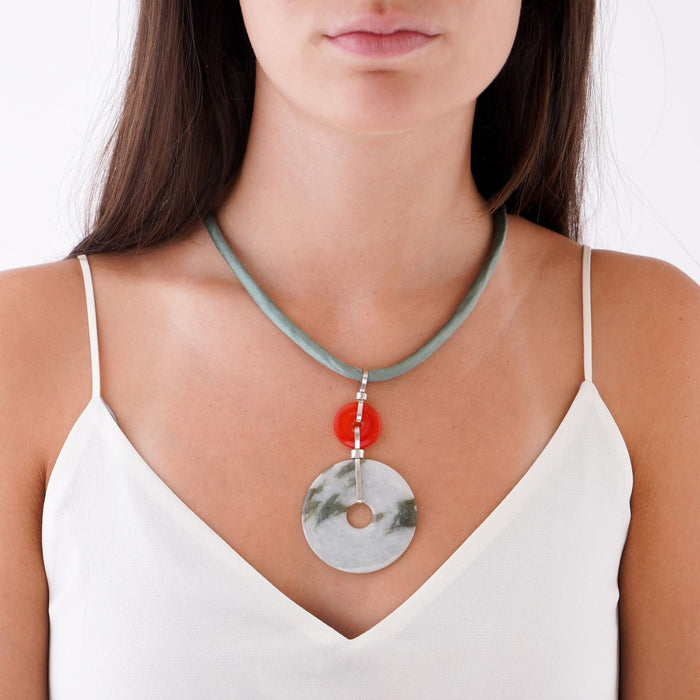 Jade & cornelian drop pendant necklace on a silk cord