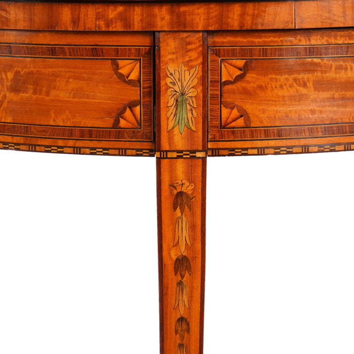 Pair of English Edwardian marquetry flip top demilune tables (c. 1890-1915)