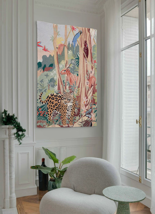 Large vintage hooked wall hanging of a jungle scene (c. 1950)