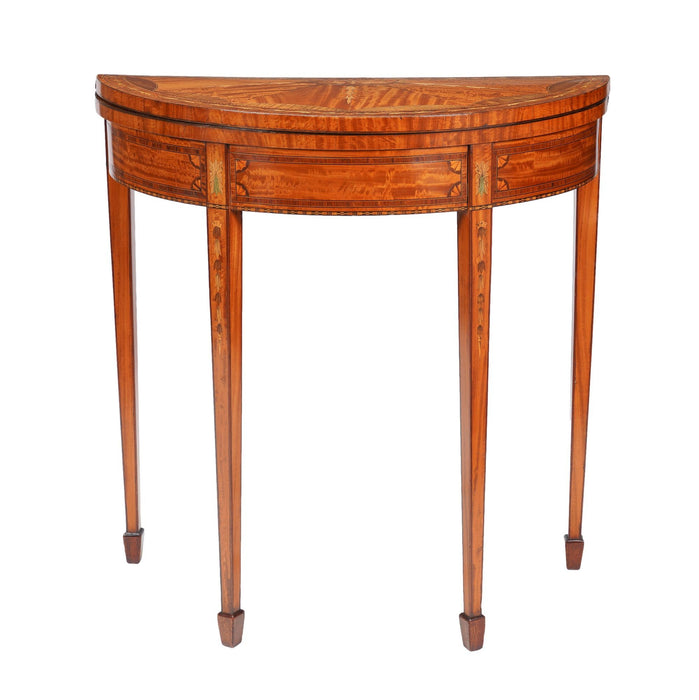 Pair of English Edwardian marquetry flip top demilune tables (c. 1890-1915)