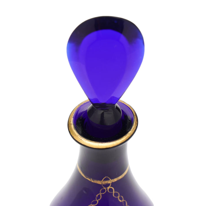 Pair of pyriform blown cobalt blue glass spirit decanters labeled Brandy & Shrub (1790-1810)