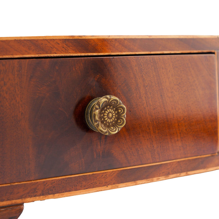 Rectangular mahogany dressing mirror on a bow front stand with drawer (c. 1790)