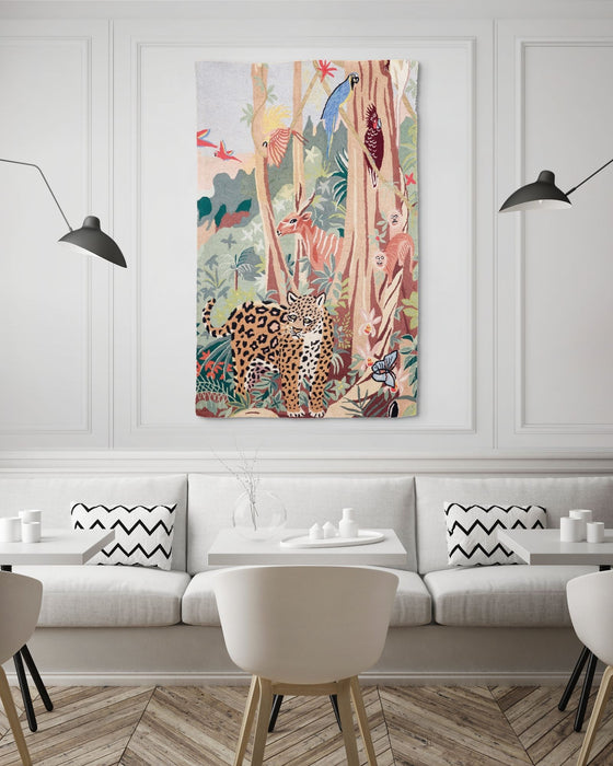 Large vintage hooked wall hanging of a jungle scene (c. 1950)