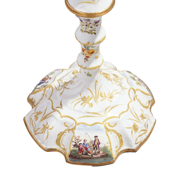 Pair of English Rococo Battersea candlesticks (1760-65)