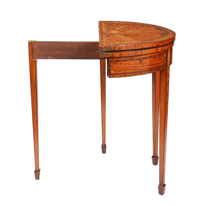 Pair of English Edwardian marquetry flip top demilune tables (c. 1890-1915)