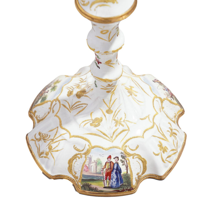 Pair of English Rococo Battersea candlesticks (1760-65)