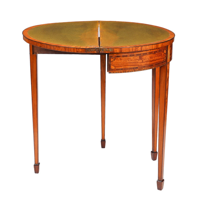 Pair of English Edwardian marquetry flip top demilune tables (c. 1890-1915)
