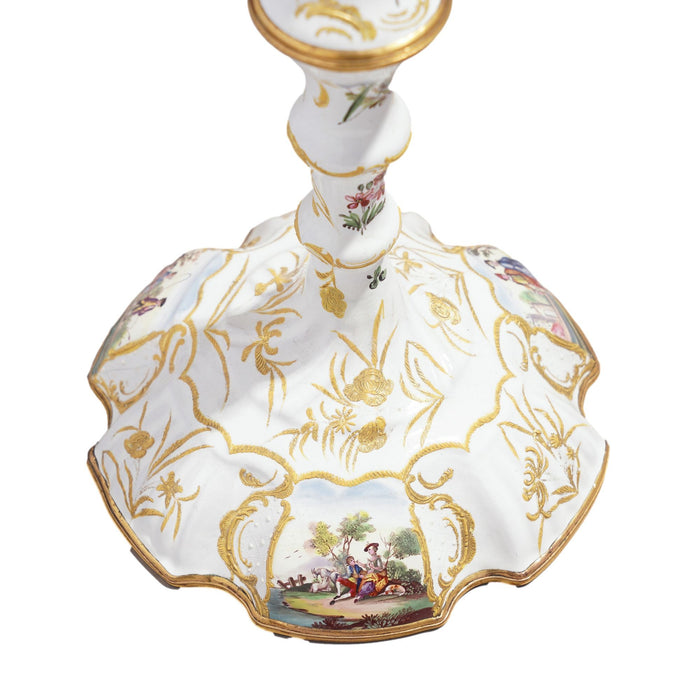 Pair of English Rococo Battersea candlesticks (1760-65)