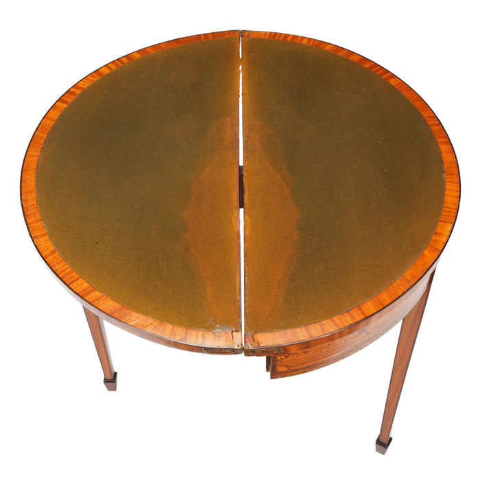 Pair of English Edwardian marquetry flip top demilune tables (c. 1890-1915)