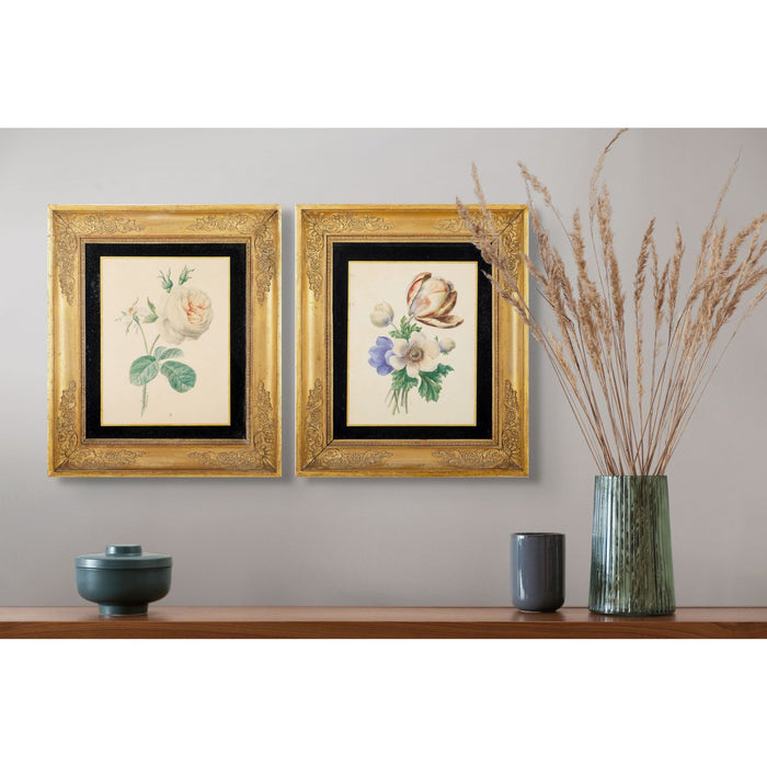 Pair of French botanical watercolors in period frames by Clotilde de Bost (c. 1815)