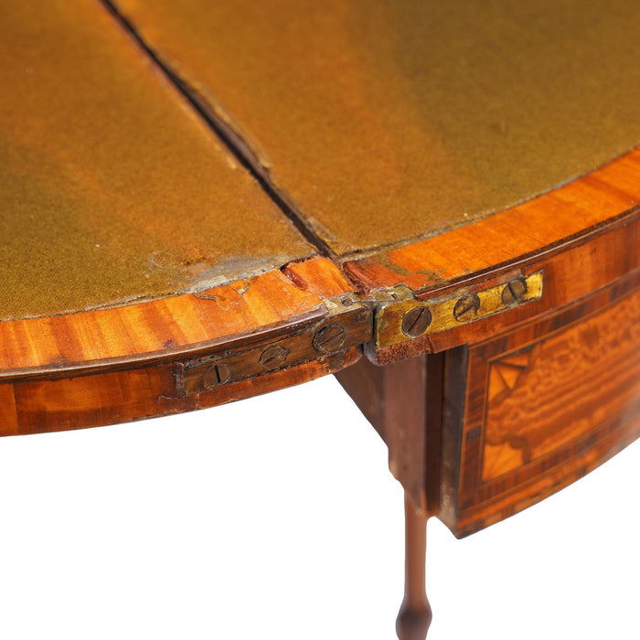 Pair of English Edwardian marquetry flip top demilune tables (c. 1890-1915)