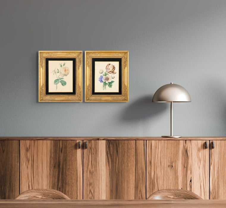 Pair of French botanical watercolors in period frames by Clotilde de Bost (c. 1815)
