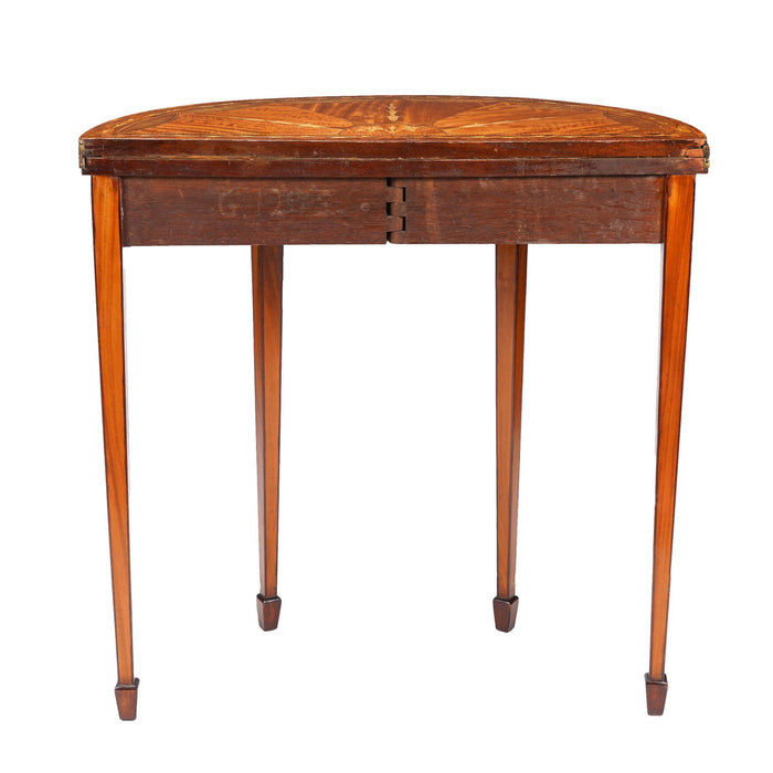 Pair of English Edwardian marquetry flip top demilune tables (c. 1890-1915)