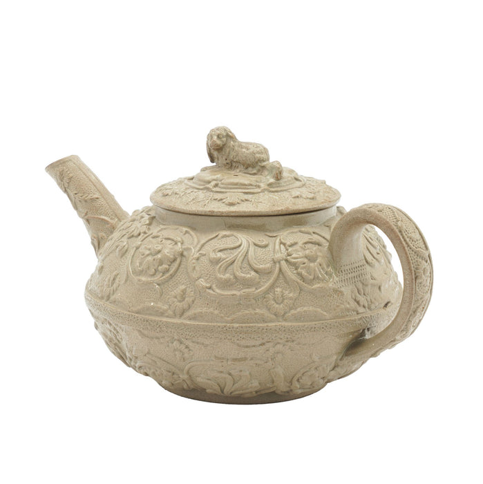 Stoneware teapot with spaniel lid finial by Wedgwood (c. 1829)