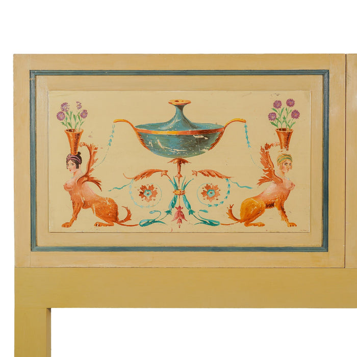 King sized headboard featuring a pair of Danish painted panels in the Pompeiian taste (c. 1890)