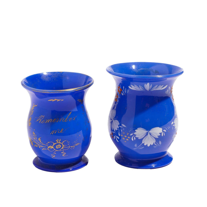 Pair of English miniature blue opaline blown glass mugs (c. 1830)