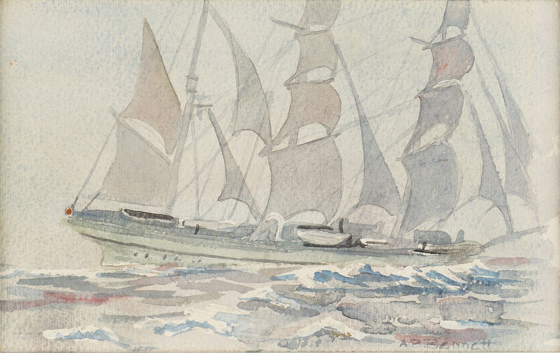 Watercolor study on paper of a three masted schooner at sea by Andrew Bennett (c. 1900's)