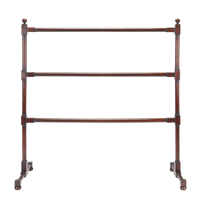 English oversized turned mahogany blanket rail with trestle base (c. 1800)