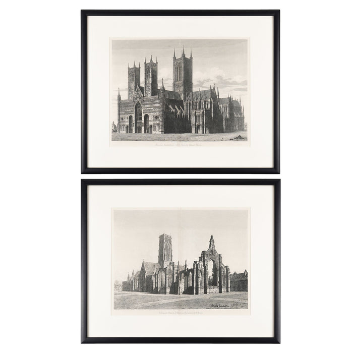 Pair of engravings of English gothic churches by John Coney (1819)