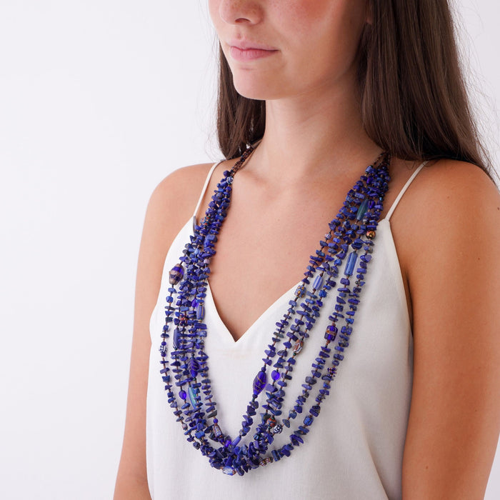 Five strand necklace of polished lapis with glass and ceramic beads (c. 1960)