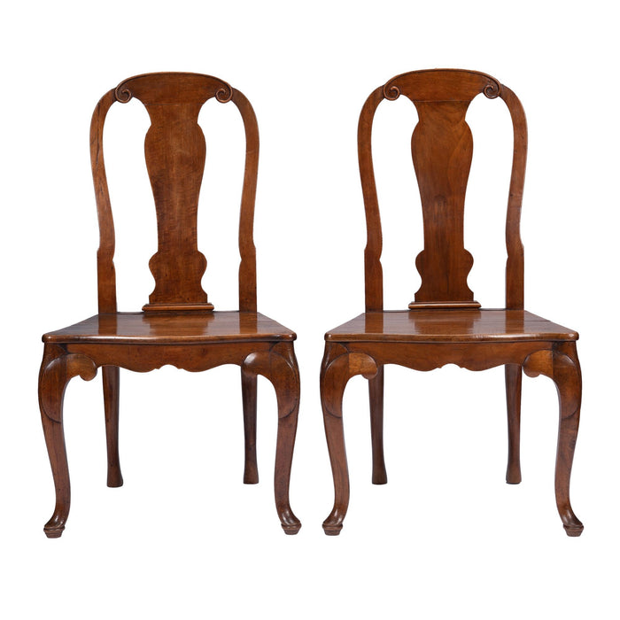 Pair of French walnut plank seat hall chairs on cabriole legs (1800's)