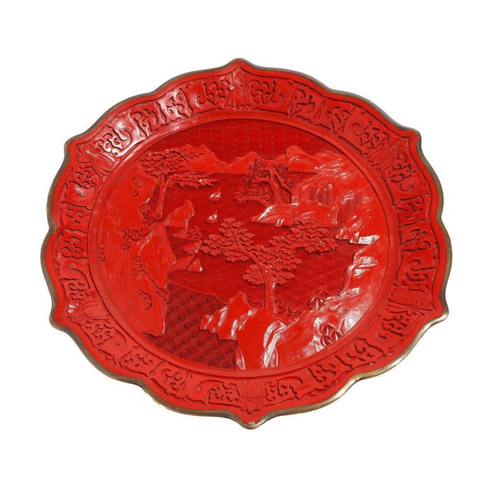 Chinese hand carved cinnabar plate on brass (c. 1850)