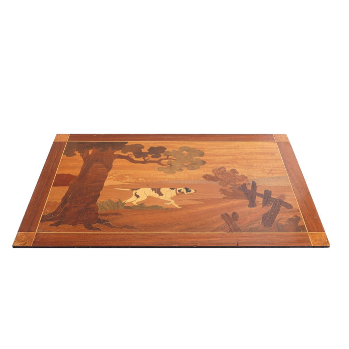Wood marquetry panel of a landscape with hunting dog, c. 1935