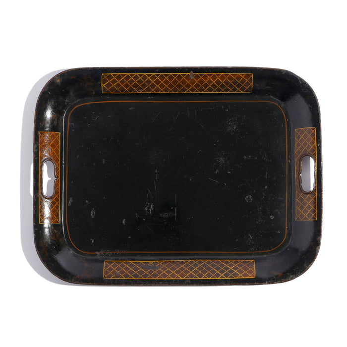 English tole tray with diapered panels on the rolled rim (c. 1840)