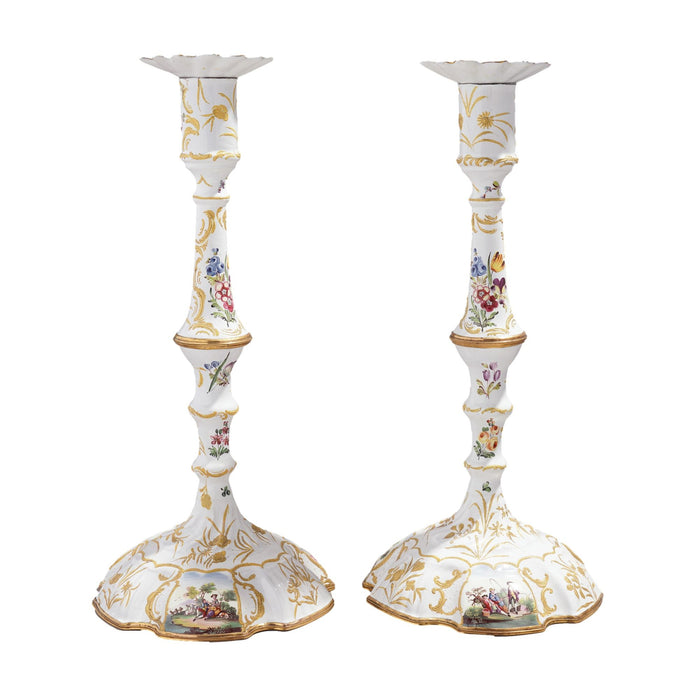 Pair of English Rococo Battersea candlesticks (1760-65)