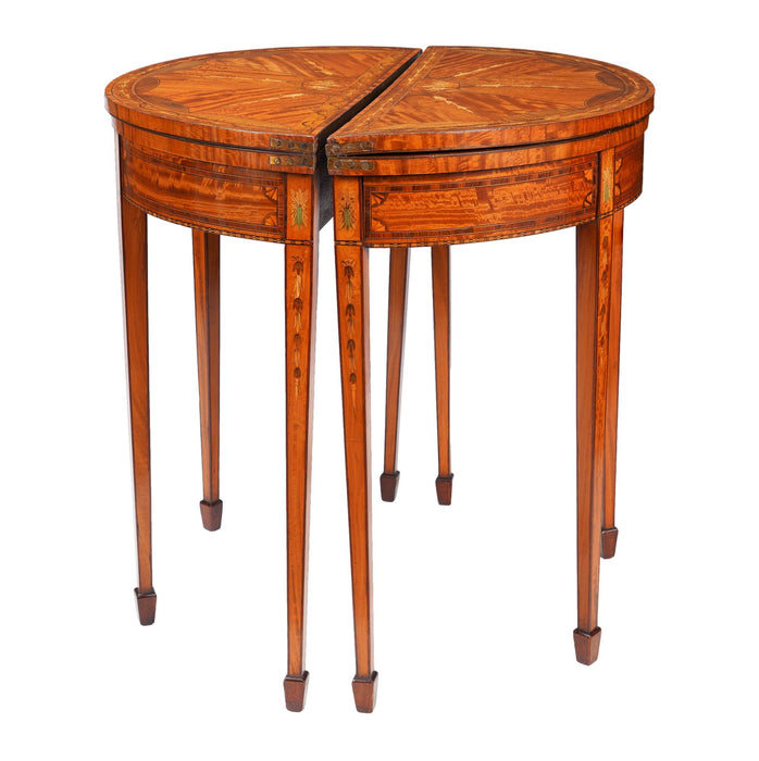 Pair of English Edwardian marquetry flip top demilune tables (c. 1890-1915)