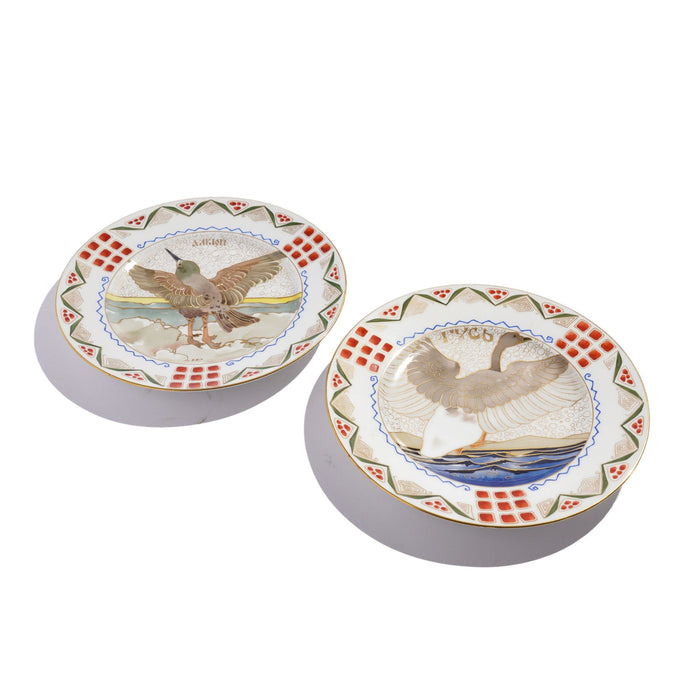 Pair of Russian ornithological plates by Kornilov Porcelain Factory (1905)