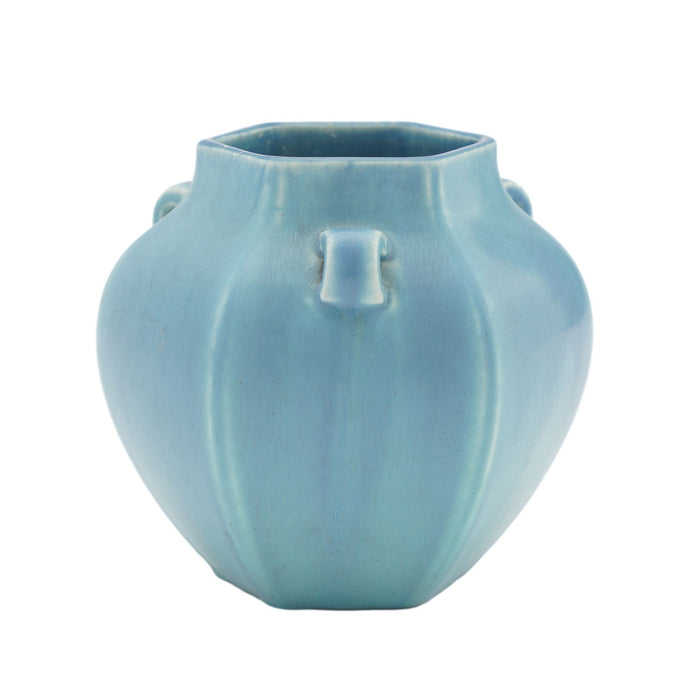 Rookwood hexagonal ceramic vase in a light blue matte glaze (1925)