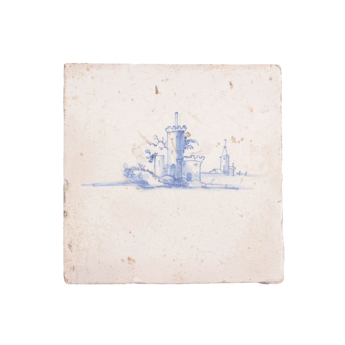 Pair of Delft tiles of fortified towers in cobalt (1600’s)