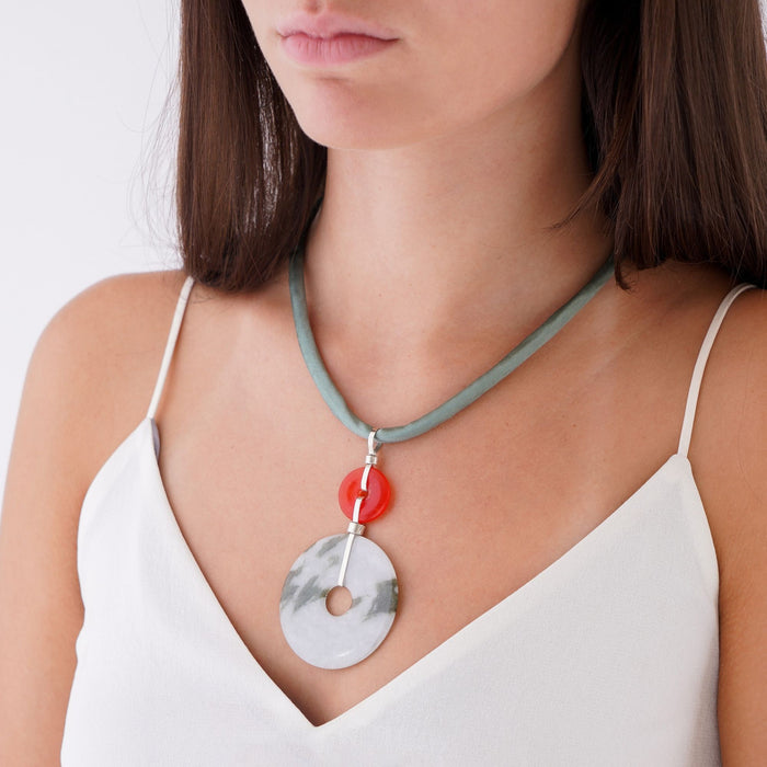 Jade & cornelian drop pendant necklace on a silk cord