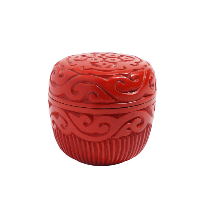Tapered cylindrical carved cinnabar box (c. 1950)