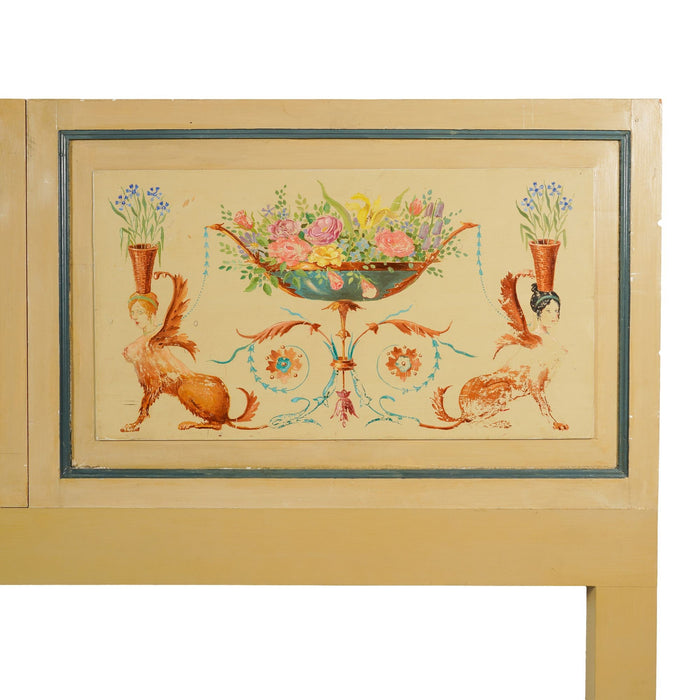 King sized headboard featuring a pair of Danish painted panels in the Pompeiian taste (c. 1890)